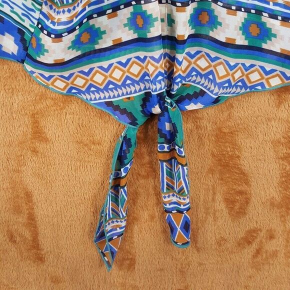 MINE Womens Top Small Blue Pullover Tie Bottom Lightweight Blouse Aztec - Picture 5 of 8